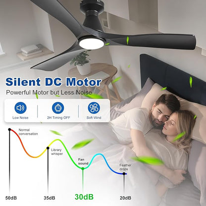 DLLT 52-Inch Ceiling Fans with Lights: Flush Mount Ceiling Fan 3 Blades for Indoor Outdoor - Black Ceiling Fan with Remote APP Control Noiseless for Low Profile Bedroom