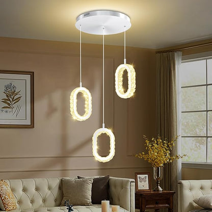 Modern LED Ring Chandelier Dimmable Crystal Ring Pendant Light for Kitchen Island Crystal Ring Chandelier for Dining Room Bedroom Living Room 3-Light Silver