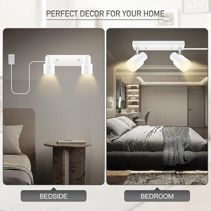 Plug in Track Lighting Fixtures Ceiling, White Track Light LED, 2-Light Track Lights with Cord, 2 Way Ceiling Spotlight, Rocker Switch, Rotatable Wall Mount Light for Kitchen/Bedroom,Bulb Not Included