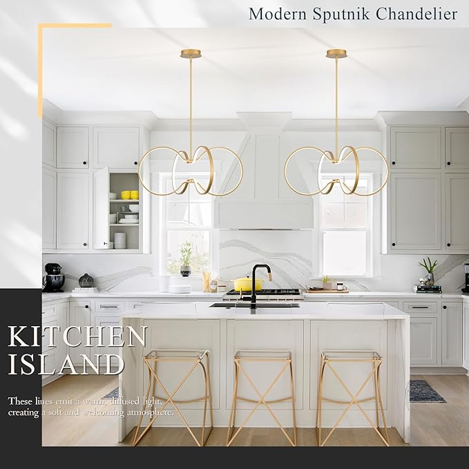 Modern LED Pendant Light Gold Dimmable Circular Chandelier, Kitchen Island Pendant Light Fixture with Remote Control for Dining Room, Kitchen, Entry, Living Room(D31.5 Inch)