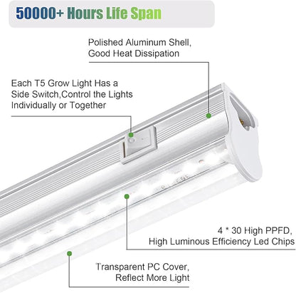 RWNTAO T5 Grow Light for Indoor Plants, 5000K Full Spectrum, 1FT LED Growing Lights Strip with Side Switch, Suitable for Greenhouse Seedlings and Vegetable Planting, Plug and Play, 4 Pack