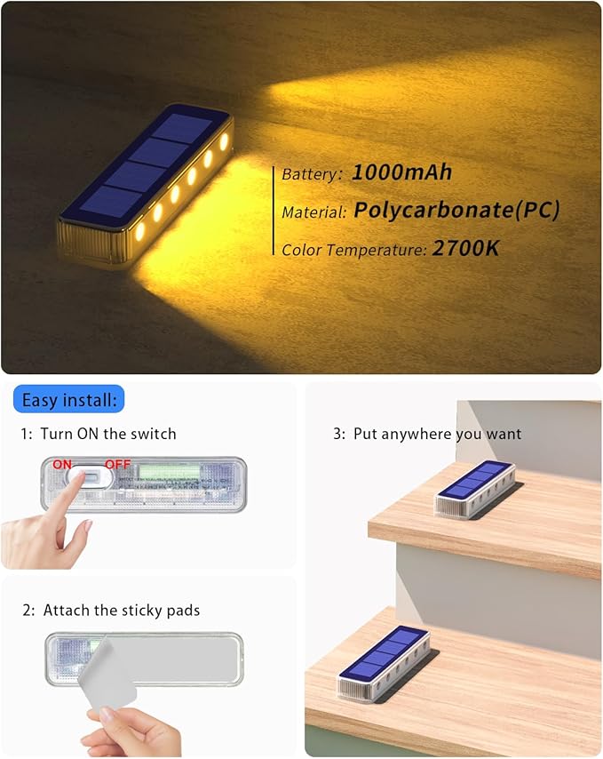 DetarZinLED Solar Step Lights for Outside, 2 Pack Solar Stair Lights, Warm White Outdoor Deck Light Waterproof, Outdoor Light Solar Powered for Deck, Dock, Pathway, Porch, Path, Ground, Backyard