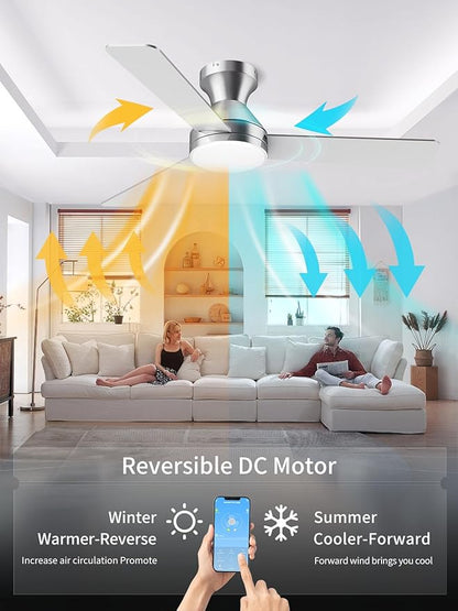 LANMEL Ceiling Fan with Light, Modern Flush Mount Low Profile with Remote Control, Reversible, 3CCT Dimmable, Quiet,LED for Bedroom, Living Room, Indoor/Outdoor Patio Use 42 Inch Silver