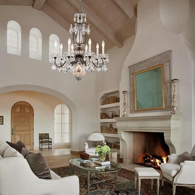 Crystal Chandelier for Dining Room, 8-Light Vintage Brown Chandelier, Pendant Ceiling Light Fixture for Living Room Hallway Entryway Foyer Staircase 30.3" H x 26.8" D