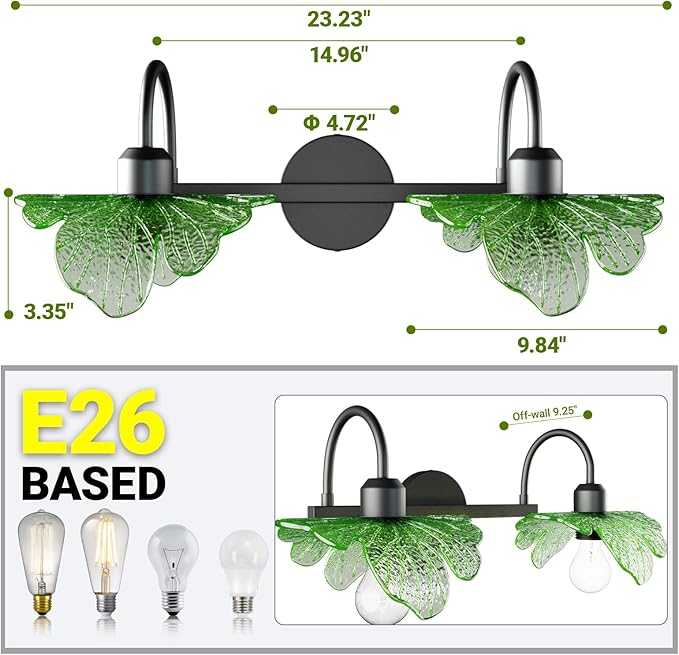 2 Light Vintage Wall Sconces with Glass Shades,Vanity Light,Bathroom Light,Wall Lighting Fixture for Mirror,Home Decor Art Wall Light (Black+Green, 2-Lights)