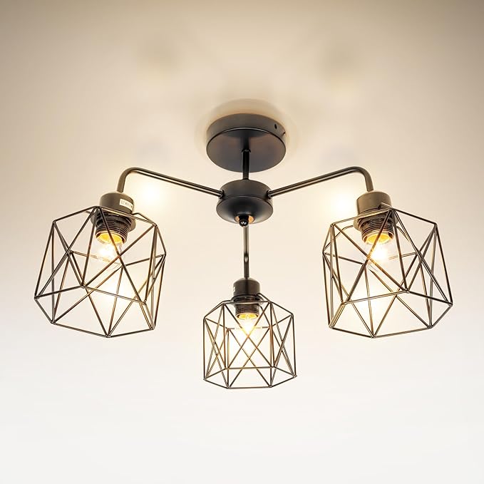 ASD Black Chandelier Semi Flush Mount Ceiling Light Fixture- 3xE26 120V ETL Modern Light Fixtures Ceiling Mount, Semi Flush Mount Chandelier for Entryway, Bedroom, Foyer Lighting Fixtures