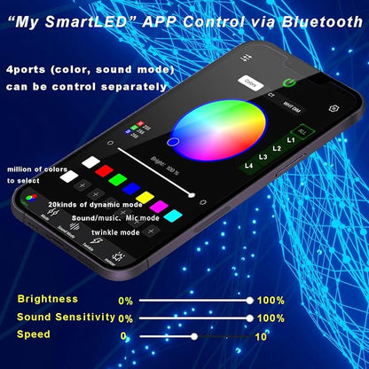AZIMOM 4Port 36W Twinkle 600pcs 0.03in 9.8ft Fiber Optic Starlight Headliner Kits 4Colors Light Source Sound Activated Remote APP Control Home Indoor Ceiling Car Headliner Decoration