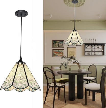 Floral Handcrafted Glass Pendant Light Fixture, Tiffany Pendant Light with Artisanal Applique, Perfect for Dining Tables and Kitchen Islands