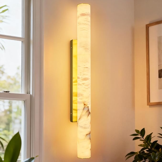 LMQNINE Natural Alabaster Wall Sconces Set of Two Spanish Marble Wall Light Cylinder Modern Gold LED Sconce for Living Room Bedroom Bathroo Stairs（L-2Pack）