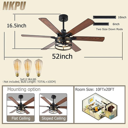 NKPU 52 Inch Farmhouse Ceiling Fan with Light and Remote, Brown Industrial Caged Rustic Ceiling Fan with 6 Speed Reversible Motor and Dual Finish 6 Blades, Rustic Ceiling Fan for Living