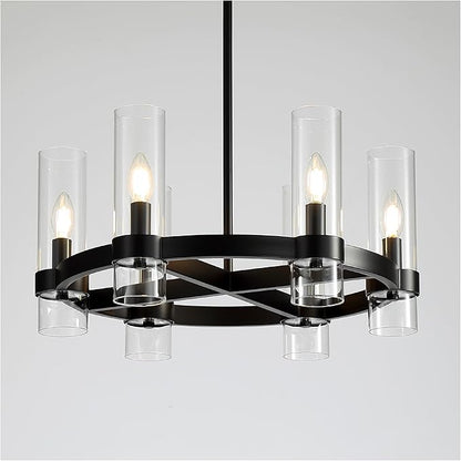 22 Inch Black Cross Wagon Wheel Chandelier with Glass Shades, 6 Lights X-Frame Farmhouse Chandelier, Modern Rustic Pendant Light for Dining Room, Kitchen Island, Entryway