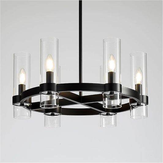 22 Inch Black Cross Wagon Wheel Chandelier with Glass Shades, 6 Lights X-Frame Farmhouse Chandelier, Modern Rustic Pendant Light for Dining Room, Kitchen Island, Entryway