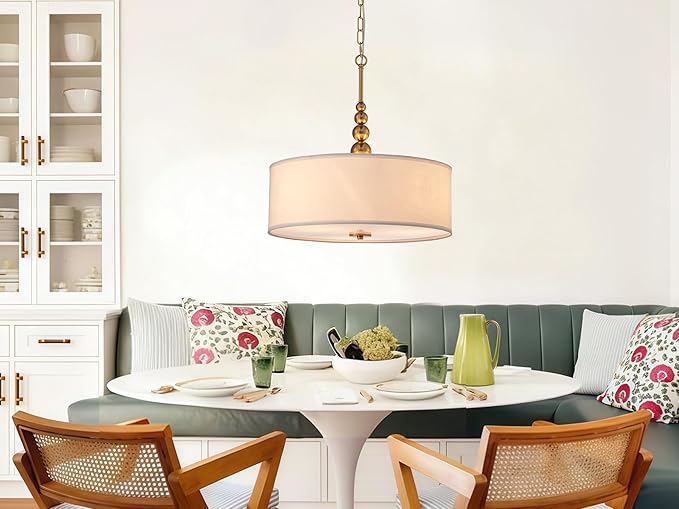 Shrine Lighting Drum Chandeliers, Farmhouse Style, Perfect Drum Pendant Light for Dining Room, D20'' x H8'', Adjustable Chains 59'', E26*3 Sockets, White Linen Fabric Lampshade & Gold Rod