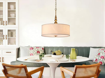 Shrine Lighting Drum Chandeliers, Farmhouse Style, Perfect Drum Pendant Light for Dining Room, D20'' x H8'', Adjustable Chains 59'', E26*3 Sockets, White Linen Fabric Lampshade & Gold Rod