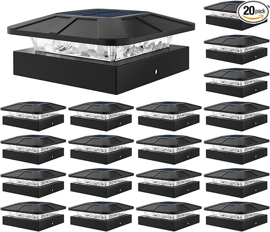 Peasur 20 Packs 4x4 Post Solar Lights 3 Lighting Modes, Black Solar Powered Cap Lights Fits 4×4/3.5×3.5 Wood/Vinyl Posts, Waterproof Post Top Light Outdoor for Fence Deck Mailbox Porch Railing