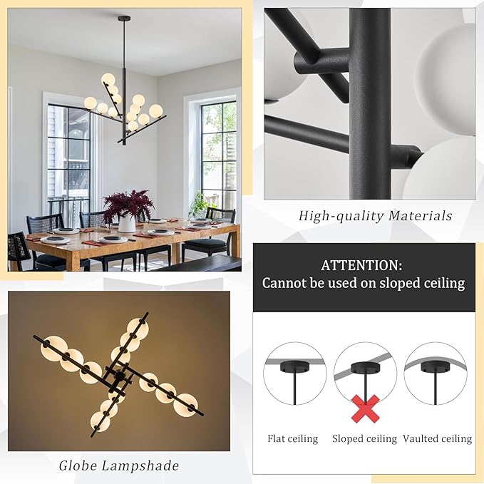 CATINER 12 Lights L36”Black Sputnik Chandeliers Mid Century Modern Chandelier for Dining Room Ceiling Pendant Lighting with Milk Glass Globe Shades for High Ceiling Foyer Living Room