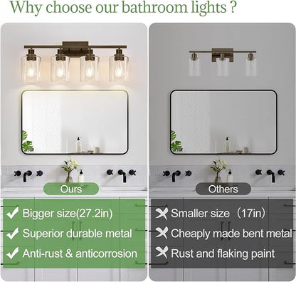 MOKATNG 4-Light Bathroom Light Fixtures, Vanity Light with Clear Glass Shades, Oil-Rubbed Bronze Bathroom Light Fixtures Over Mirror, Modern Bathroom Wall Lamp for Mirror Living Room Cabinet Bedroom