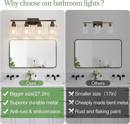 MOKATNG 4-Light Bathroom Light Fixtures, Vanity Light with Clear Glass Shades, Oil-Rubbed Bronze Bathroom Light Fixtures Over Mirror, Modern Bathroom Wall Lamp for Mirror Living Room Cabinet Bedroom