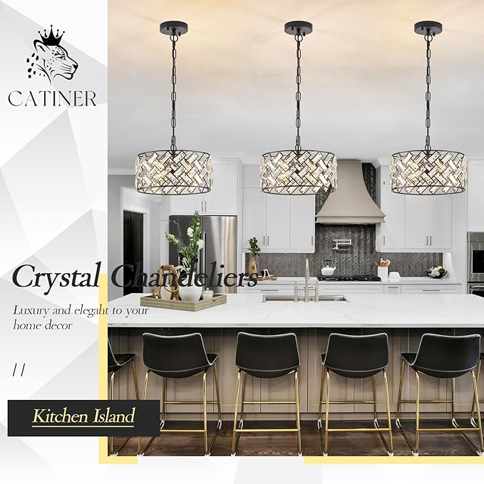 CATINER Small Black Crystal Chandelier 12", Modern 4-Light Ceiling Light, Semi Flush Mount or Hanging Pendant with Adjustable Height for Kitchen Island, Entryway, Hallway