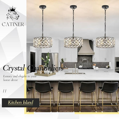 CATINER Small Black Crystal Chandelier 12", Modern 4-Light Ceiling Light, Semi Flush Mount or Hanging Pendant with Adjustable Height for Kitchen Island, Entryway, Hallway