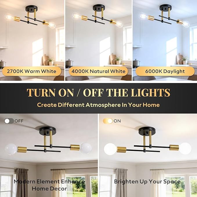 Modern Sputnik Chandelier Ceiling Light Fixtures, 2-Lights Mid Century Industrial Metal Semi Flush Mount for Dining Room, Bedroom, Living Room-Black and Gold