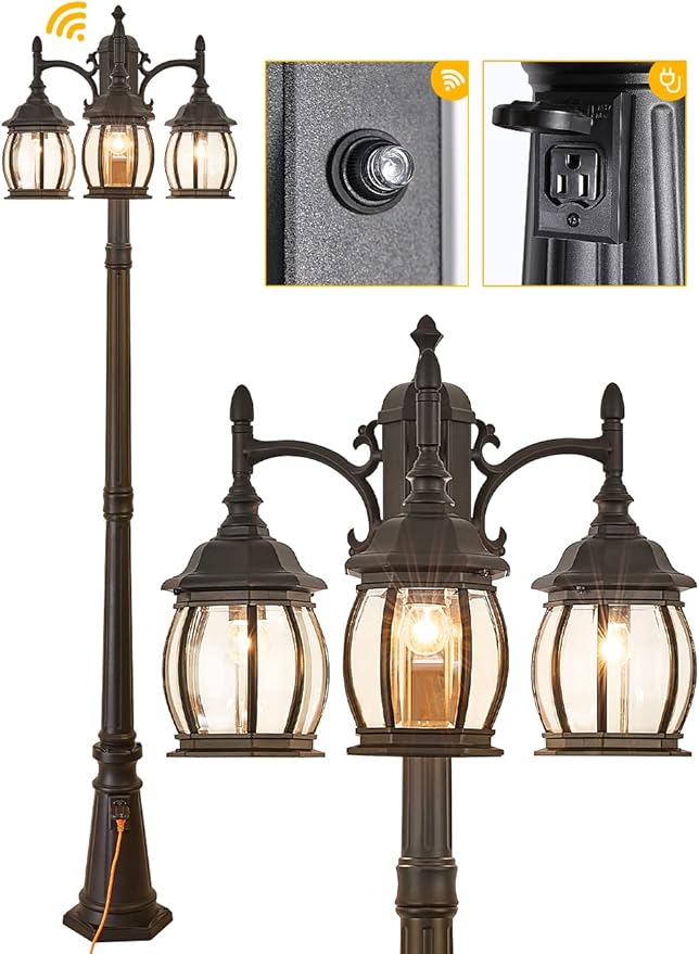 Dusk to Dawn Vintage Outdoor Post Light 82.7"H 3-Headed Lamp Post with Outlet IP65 Waterproof Street Lantern 3 Light Black Clear Glass Outdoor Lamp Post Lights E26 Outdoor Street Light Yard
