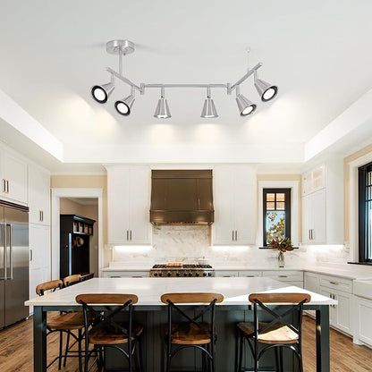 6-Light Modern Track Lighting Fixtures Ceiling, Flexible Foldable Arm and Rotatable Light Head,Nickel Kitchen Track Lighting for Kitchen Islands, Dining Rooms, Bars, Closets, Workbenches.