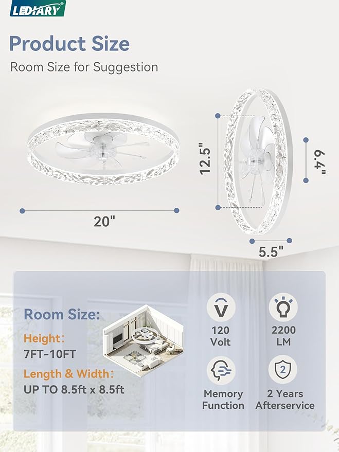 LEDIARY 20" Modern Ceiling Fans with Lights and Remote, Dimmable Low Profile Ceiling Fan, Flush Mount Ceiling Fan, Stepless Color Temperature Change and 6 Speeds - White