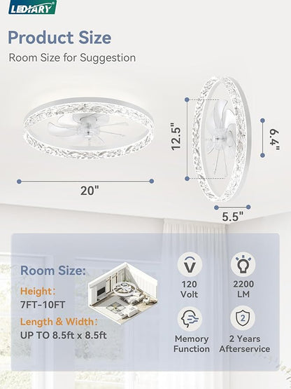 LEDIARY 20" Modern Ceiling Fans with Lights and Remote, Dimmable Low Profile Ceiling Fan, Flush Mount Ceiling Fan, Stepless Color Temperature Change and 6 Speeds - White