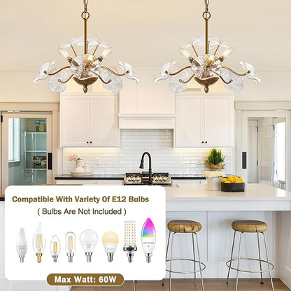 Luvkczc Modern Gold Chandelier,Vintage Brass Flower Glass Pendant Light Fixture,Mid Century Ceiling Light Fixture for Dining Room, Kitchen, Living Room, Bedroom Hallway Porch,3 Lights