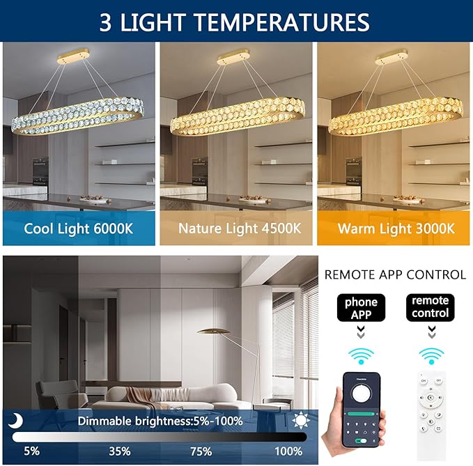 40'' Modern Oval Chandelier Crystal Chandeliers for Dining Room Round Ceiling Light Fixture for Living Room Lighting LED Dimmable with Remote Ring Lights Gold