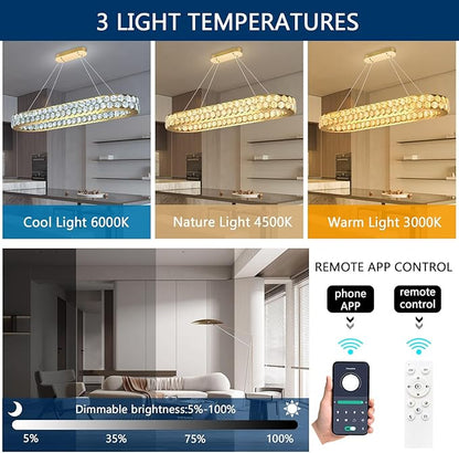 40'' Modern Oval Chandelier Crystal Chandeliers for Dining Room Round Ceiling Light Fixture for Living Room Lighting LED Dimmable with Remote Ring Lights Gold