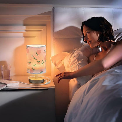 Bedside Table Lamp Cute Strawberry Floral Nightstand Lamp with Wood Fruits Flower Pink Desk Lamps for Bedroom Living Room Nursery Office Home Decor
