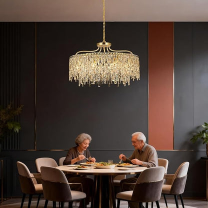 10 Lights Modern Gold Crystal Chandeliers for Dining Room Light Fixture | D28 Round Crystal Chandelier Over Table | Hanging Lighting for Living Room Kitchen Island Bedroom Bathroom