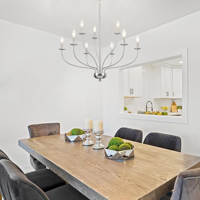 Brushed Nickel Chandelier, 9-Light Modern Farmhouse Chandelier for Dining Room Light Fixture, 2-Tier Industrial Hanging Country Candle Chandeliers for Living Room Foyer Bedroom Entryway Kitchen