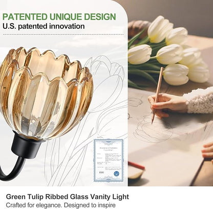 Bathroom Light Fixtures, 3-Light Black Vanity Light with Ribbed Amber Tulip Glass Shades, 20-Inch Bathroom Lighting Over Mirror for Bedroom, Living Room, Hallway (Bulbs Not Included)