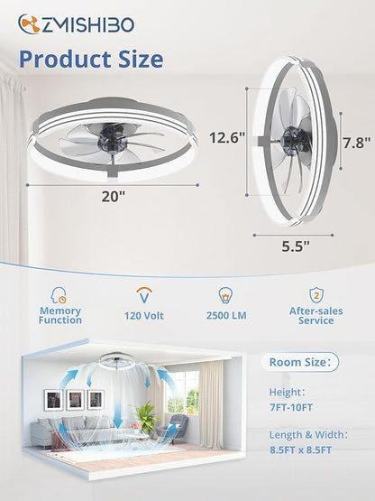 ZMISHIBO Low Profile Ceiling Fans with Lights and Remote, 20 Inch Flush Mount Ceiling Fan with Light, 3000K-6000K Dimmable Fandelier LED Fan Light, 6 Wind Speeds Grey Ceiling Fans for Bedroom