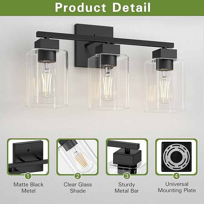 Matte Black Bathroom Vanity Light, 3-Light Vanity Lighting fixtures Over Mirror, Square Design & UL Certification, Wall Sconces with Clear Glass Shades, E26 Socket (Bulbs Not Included)
