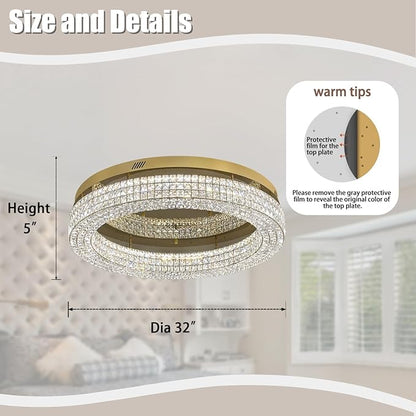 ykolupty 32'' Modern Chandeliers for Living Room Crystal Chandelier Flush Mount Ceiling Light Fixture for Dining Room Living Room Bedroom Dimmable 2700-6000K (Gold Chandelier)