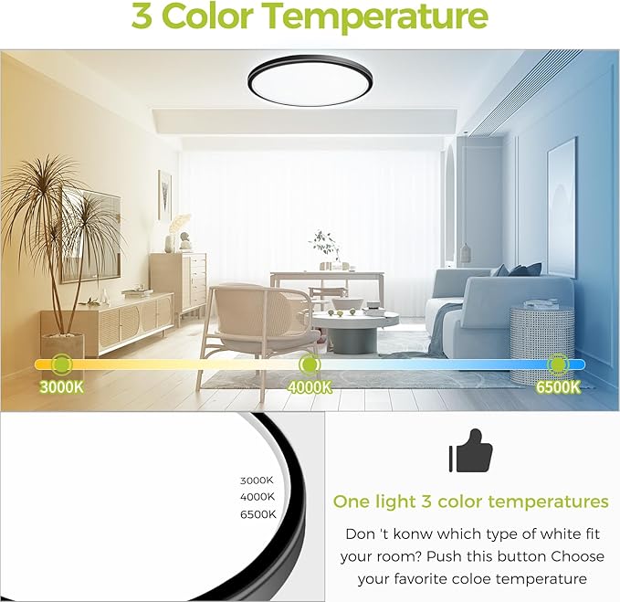 1PACK Flush Mount LED Ceiling Light Fixture Black, 20Inch 45Watt, Dimmable & 3000K-4500K-6000K 3 Color Selectable Ceiling Lamp 4500LM Low Profile Ceiling Light for Kitchen Bedroom Hallway Porch