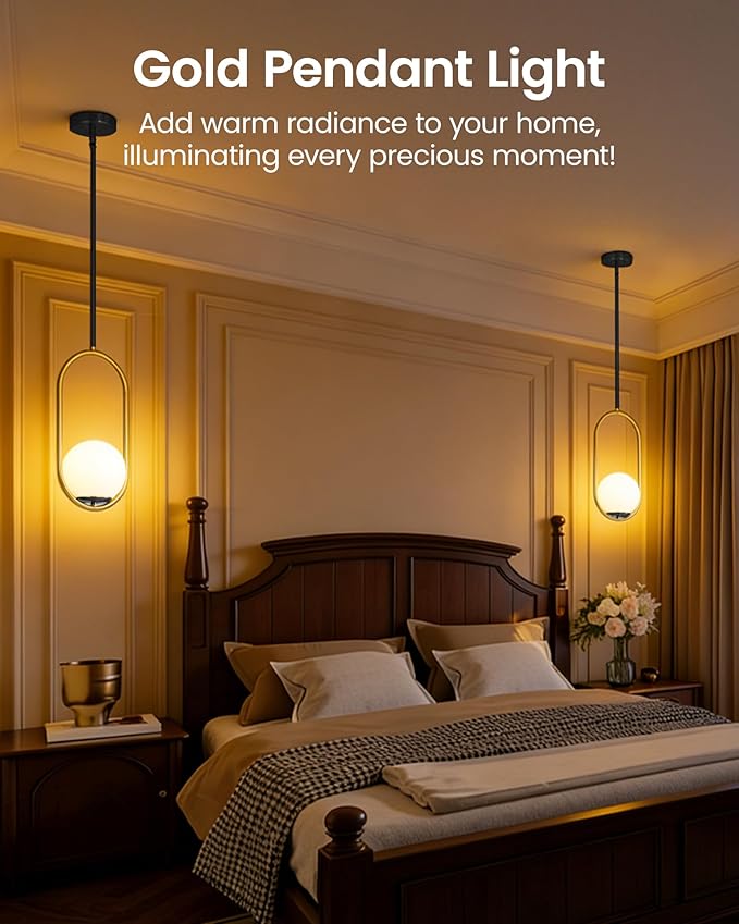 Yunnix Pendant Lights Kitchen Island, Pendant Light Fixtures, Modern Black and Gold Globe Glass Pendant Lighting, Mid Century Chandelier One Light for Bathroom Bedroom Dining Room