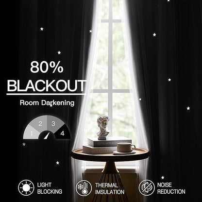 XiDi White Curtains with Sheer Overlay for Girls Bedroom 80% Blackout Double Layer Curtains for Nursery Kids Room Star Drapes with Tiebacks Room Darkening Grommet Window Treatment 2 Panels W34 X L63