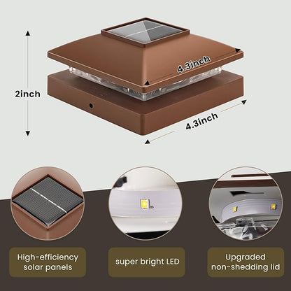 Solar Post Cap Lights Outdoor 6pack, Brown Waterproof Solar Powered Deck Fence Post Lights Fit 4x4 Wood/Vinyl Posts, Bright Warm White Solar Post Lights Decorate Deck, Patio, Porch, Fence (6pack)