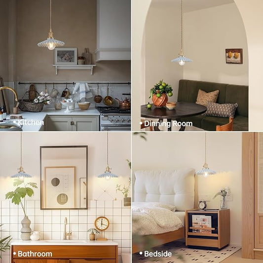 Shenmoyl Pendant Light with Blue Pleated Ceramic Lmapshade, Brass Vintage Pendant Light Adjustable Hanging Light for Kitchen Island Dining Room Hallway