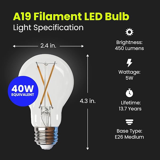 Feit Electric A19 LED Filament Light Bulbs, 40W Equivalent, 3000K Bright White, 450 Lumens, Dimmable, 90+ CRI, 17,000-Hour Life, Vintage Style, A1940CL930CA/FIL/4, 4-Pack