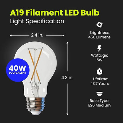 Feit Electric A19 LED Filament Light Bulbs, 40W Equivalent, 3000K Bright White, 450 Lumens, Dimmable, 90+ CRI, 17,000-Hour Life, Vintage Style, A1940CL930CA/FIL/4, 4-Pack