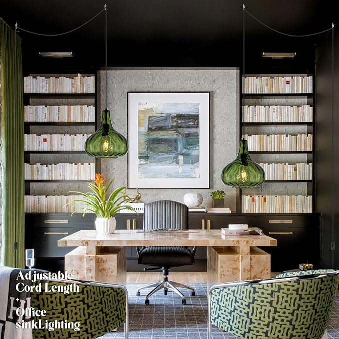 Vintage Plug in Pendant Light Fixture - Hammered Dark Green Glass Shade,Mid-Century Modern Plug in Hanging Pendant Lamp with 14.7 ft Cord for Living Room Corner Room Bedroom Farmhouse