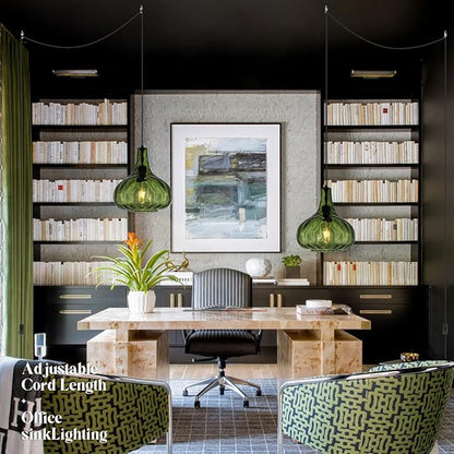 Vintage Plug in Pendant Light Fixture - Hammered Dark Green Glass Shade,Mid-Century Modern Plug in Hanging Pendant Lamp with 14.7 ft Cord for Living Room Corner Room Bedroom Farmhouse