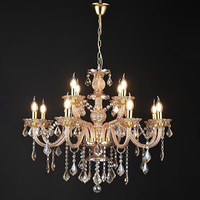 Luxury K9 Crystal Chandelier 12 Lights, Amber Gold Crystal Lighting Pendant Ceiling Fixture Modern Crystal Candle Chandeliers Lamp for Living Room, Kitchen, Foyer (12 Ligths)
