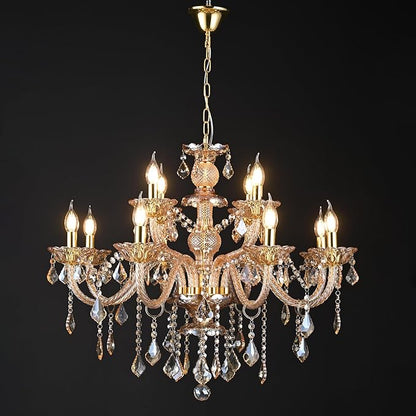 Luxury K9 Crystal Chandelier 12 Lights, Amber Gold Crystal Lighting Pendant Ceiling Fixture Modern Crystal Candle Chandeliers Lamp for Living Room, Kitchen, Foyer (12 Ligths)